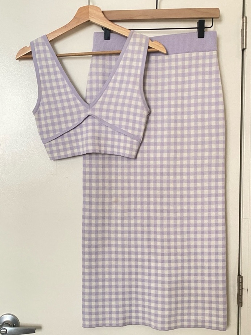 🆕 Zara 💜🤍💜 Lilac Gingham Knit 🤍💜🤍 Crop Tank & Pencil Skirt Set - NWOT - S
